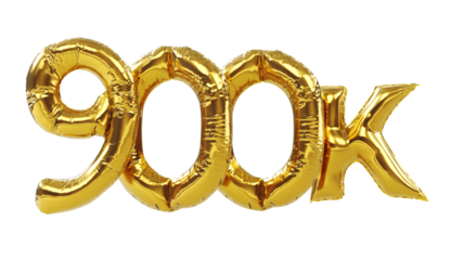 3D render of 900k or nine hundred thousand golden numbers isolated on white background, 900k followers celebration.