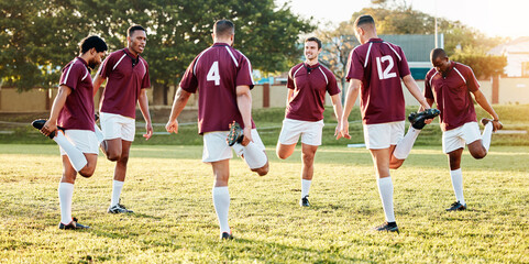 Rugby, sports and stretching with a team getting ready for training or a competitive game on a field. Fitness, sport and warm up with a man athlete group in preparation of a match outdoor in summer