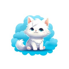 Funny white kitten on the backdrop of blue cloud isolated on white background, cartoon style.