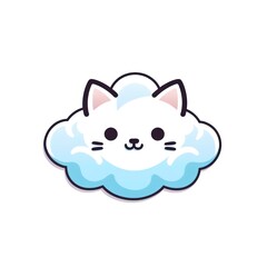 Cute white cloud-shaped cat isolated on white background in cartoon style.