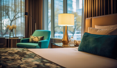 A hotel bedroom with a large window and chairs.