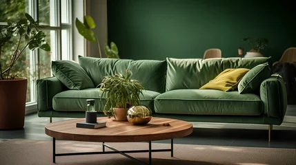 Foto op Plexiglas Living room with green couch and coffee table.  generative AI © yj