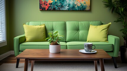 Living room with green couch and coffee table.  generative AI