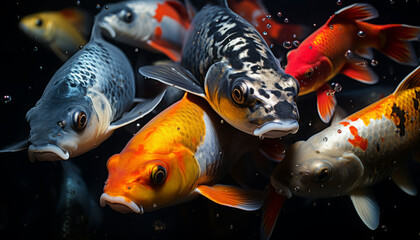 School of colorful Koi fish on dark background.