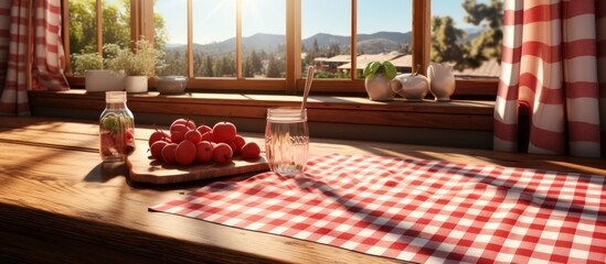 A table by the window covered with a red and white checkered tablecloth. - obrazy, fototapety, plakaty