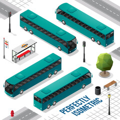 Persian Green Long Isometric Bus from the Front Back Right and Left