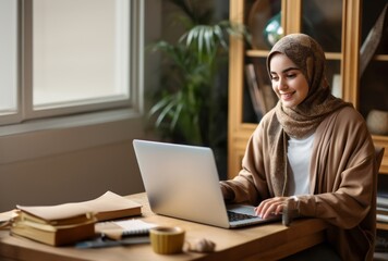 A woman in hijab working on her laptop in the comfort of her home, seamlessly blending tradition with technology