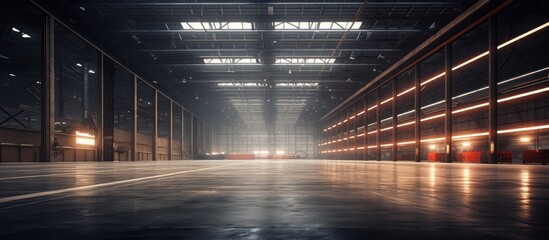 Empty warehouse transformed by striking lighting. - obrazy, fototapety, plakaty