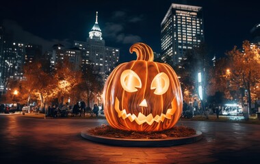 Halloween pumpkins adorn the dark city streets, casting an eerie and festive glow on a mysterious...