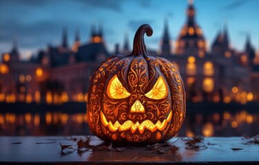Halloween pumpkins adorn the dark city streets, casting an eerie and festive glow on a mysterious...
