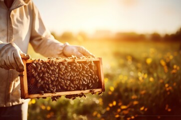 A beekeeper showcases honeycomb on a picturesque meadow, highlighting the beauty of sustainable apiculture - obrazy, fototapety, plakaty