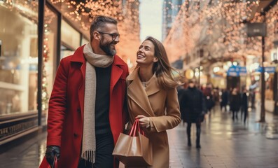 Obraz premium A festive couple captured on an urban street during the joyful Christmas holiday season