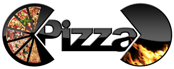 Black symbol with pizza slices and text Pizza isolated on white or transparent background, png. 3D...
