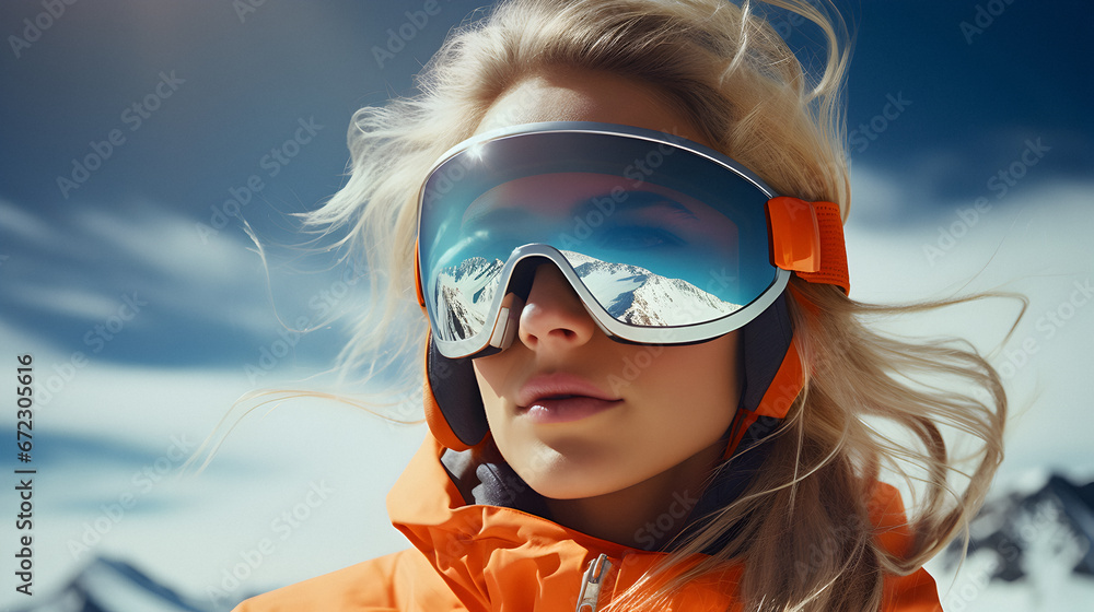 Wall mural snowboarder smiling, young skier, portrait girl snowboarder, ski goggles, close-up photo, Winter holidays, snowboard vacation, Concept travel ski, Snow sports, Copy space available