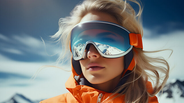 snowboarder smiling, young skier, portrait girl snowboarder, ski goggles, close-up photo, Winter holidays, snowboard vacation, Concept travel ski, Snow sports, Copy space available
