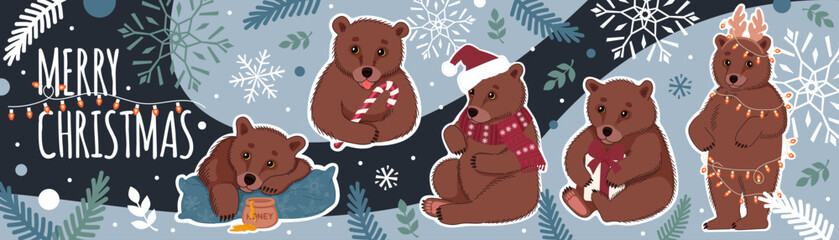 Merry Christmas long horizontal banner with cute bears and winter elements. Vector flat illustration in trendy colors.