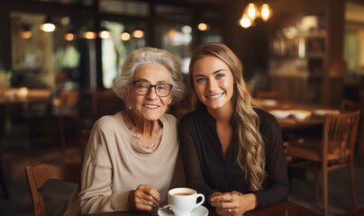 An older woman and her daughter share coffee and conversation in a cozy cafe, cherishing precious family moments - obrazy, fototapety, plakaty