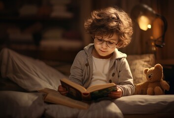 A young boy reads a bedtime story, finding comfort and adventure in the world of books before sleep - obrazy, fototapety, plakaty