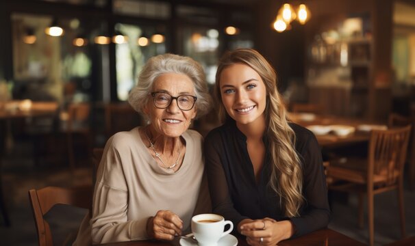 An older woman and her daughter share coffee and conversation in a cozy cafe, cherishing precious family moments
