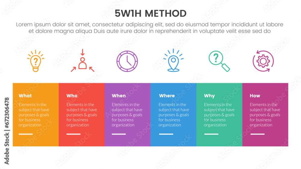 Poster 5w1h problem solving method infographic 6 point stage template with box table fullcolor and icon on 