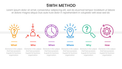 5W1H problem solving method infographic 6 point stage template with horizontal icon on top of line direction for slide presentation - obrazy, fototapety, plakaty