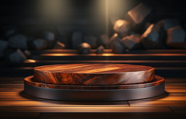 Wooden podium for product presentation in the dark room. 3D rendering