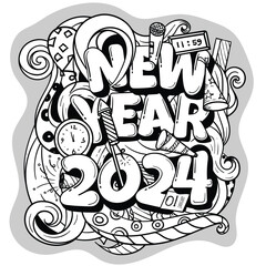 Doodle art cartoon design of new year in black and white concept for new year celebration template