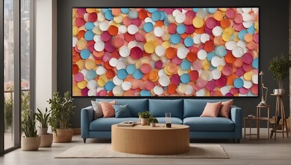a modern living room with a colorful abstract painting hanging above a blue couch, a round wooden coffee table in the center, and a window letting in natural light.