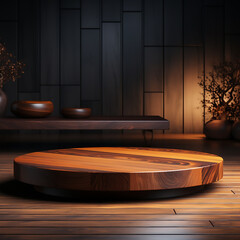Wooden podium for product presentation in the dark room. 3D rendering