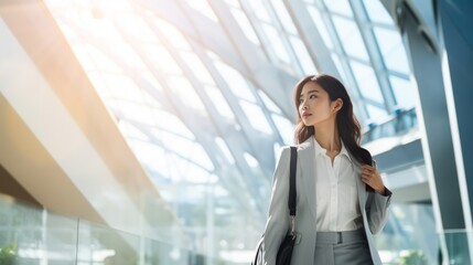 Fototapeta premium Confident asian businesswoman at city, Beautiful businesswoman for building background