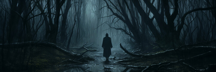 a lone figure walking in a mysterious forest - obrazy, fototapety, plakaty