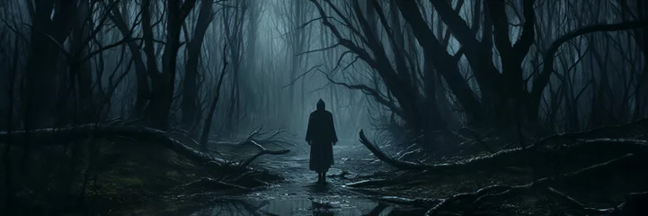 Foto op Plexiglas a lone figure walking in a mysterious forest © CROCOTHERY