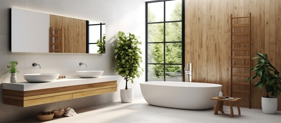 Fototapeta na wymiar Interior design wooden bathroom, White tub and green plants. AI generated image
