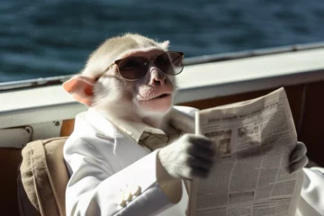 Fotobehang AI generated illustration of a macaque monkey wearing dark sunglasses reading a newspaper © Wirestock