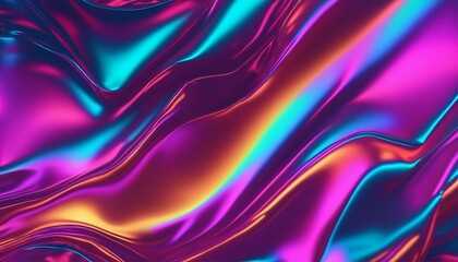 Modern bright neon colored crumpled metallic psychedelic holographic foil texture in 80s, 90s style