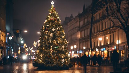 Fototapeta na wymiar Festive concept theme featuring Christmas tree lights in an urban street scene