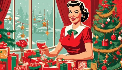 Classic illustration of a 40s, 50s era housewife in a festive vintage scenery with Xmas tree, decor, and gifts