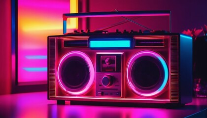 Obraz premium Neon vaporwave color mood in a chill living room featuring a retro vintage stereo boom box