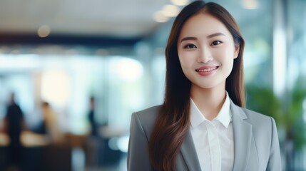 Fototapeta premium Smiling asian businesswoman at modern office