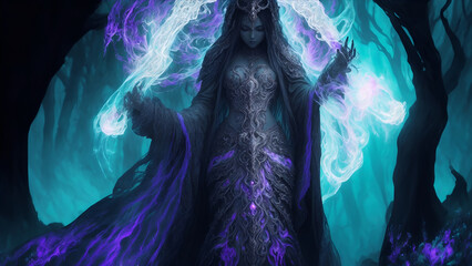 In the awe-inspiring world of a holographic majestic necromancer, a master summoner of the dead adorned in flowing robes of ethereal black and silver commands attention - obrazy, fototapety, plakaty