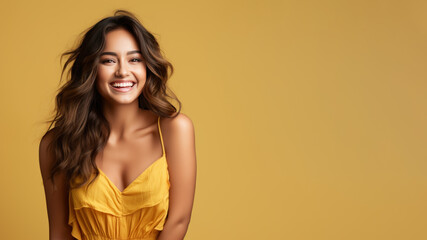 Indian woman model wear yellow sundress isolated on pastel background