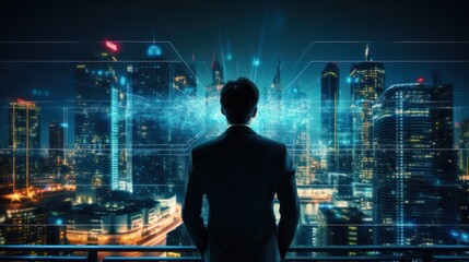 Back view businessman futuristic looking screen panel. Cyberspace with screen connect to data information Technology concept