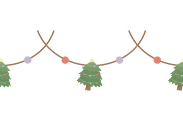 Watercolor cute christmas tree ribbon Ornament star Hanging Element doodle Border Xmas frame seamless pattern
