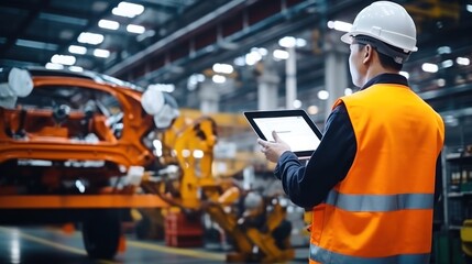 Obraz premium Male engineer working at production line of automatic robot arm car assembly