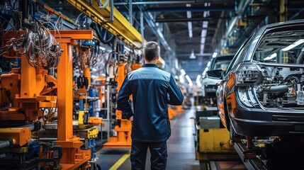 Fototapeta premium Male engineer working at production line of automatic robot arm car assembly