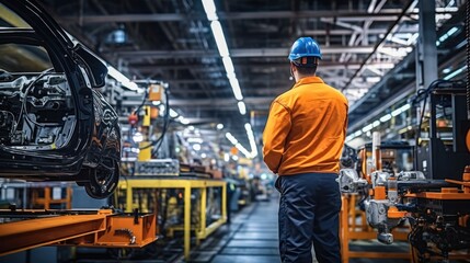 Male engineer working at production line of automatic robot arm car assembly