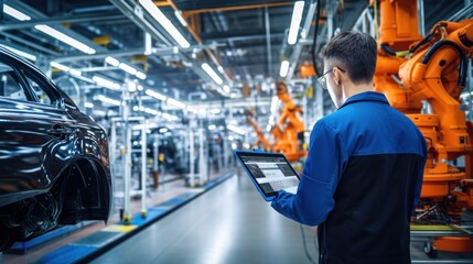 Fototapeta premium Male engineer working at production line of automatic robot arm car assembly