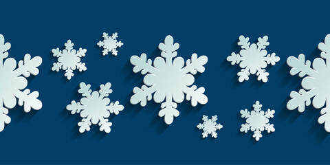 Seamless horizontal pattern with paper cut snowflakes. Christmas design 3D illustration on blue colored background for presentation, banner, cover, web, flyer, card, sale, poster and social media.	