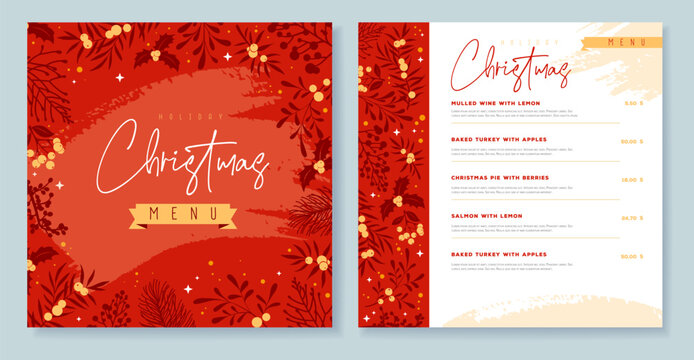 Restaurant Christmas holiday menu design with christmas floral  desoration. Vector illustration