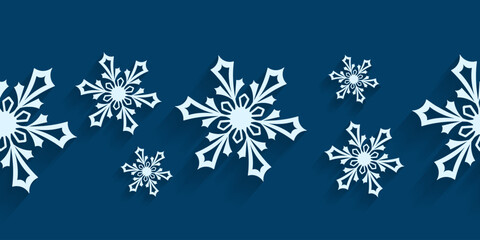 Obraz na płótnie Canvas Seamless horizontal pattern with paper cut snowflakes. Christmas design 3D illustration on blue colored background for presentation, banner, cover, web, flyer, card, sale, poster and social media. 